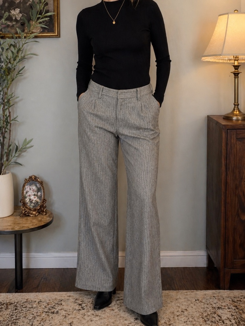 Fossil Wool Blend Trouser Pants Gray Herringbone Wide Leg Size 8